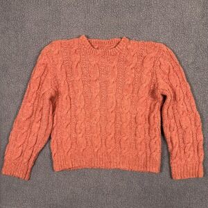 Cable Knit Crewneck Fisherman Wool Sweater Coral Orange Chunky Hand Pullover XL